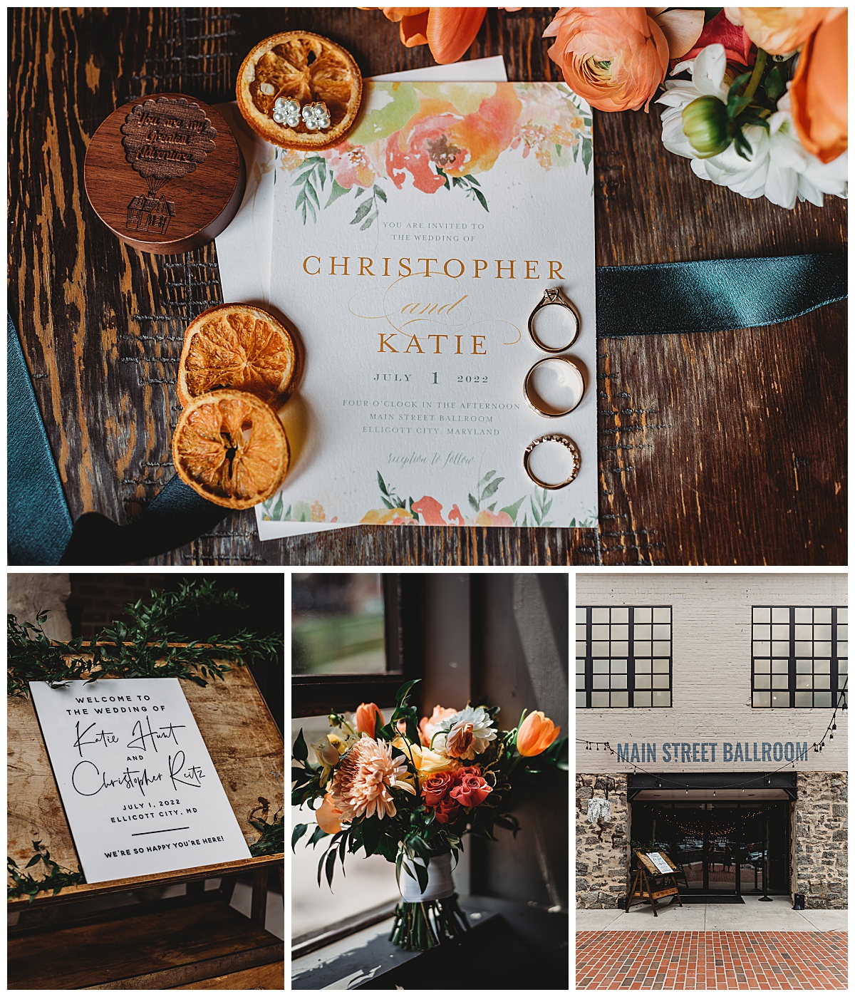 Colorful floral wedding invitation with wedding rings and dried orange slices for a summer wedding in Ellicott City, MD captured by Brittany Dunbar Photography, an Ellicott City Wedding Photographer.