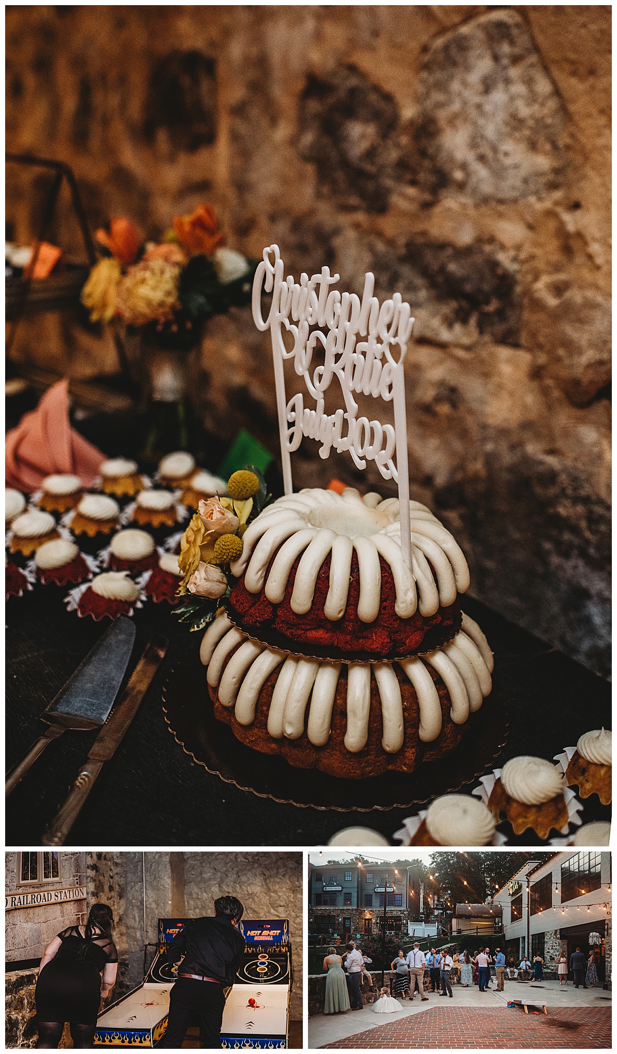 Wedding cake and arcade games for a summer wedding at Mainstreet Ballroom captured by Brittany Dunbar Photography, an Ellicott City Wedding Photographer.