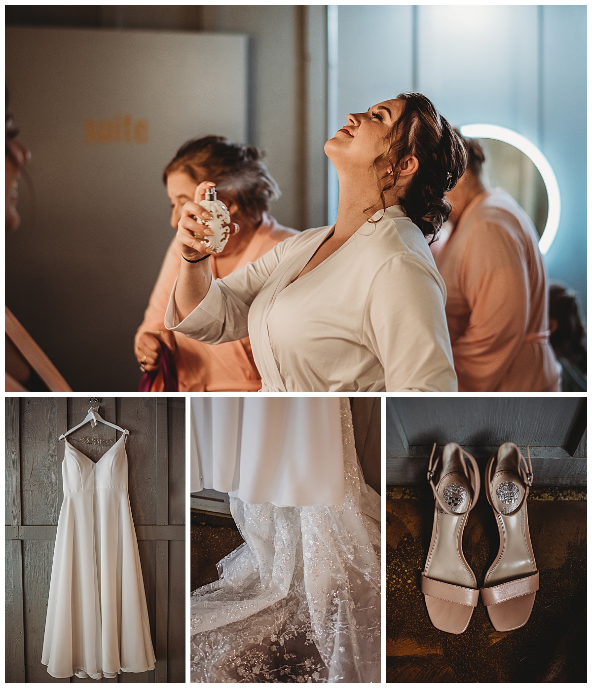 Bride getting ready photo and wedding dress details for a summer wedding at Mainstreet Ballroom in Ellicott City, MD captured by Brittany Dunbar Photography, an Ellicott City Wedding Photographer.