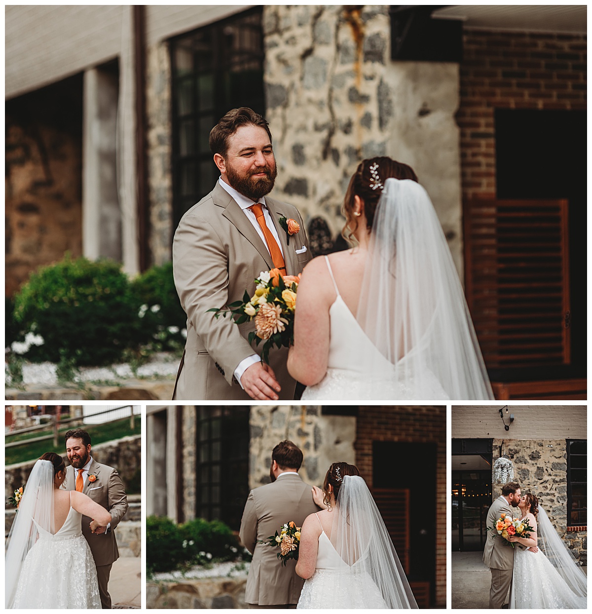 The bride and groom's first look for a summer wedding at Mainstreet Ballroom captured by Brittany Dunbar Photography, an Ellicott City Wedding Photographer.