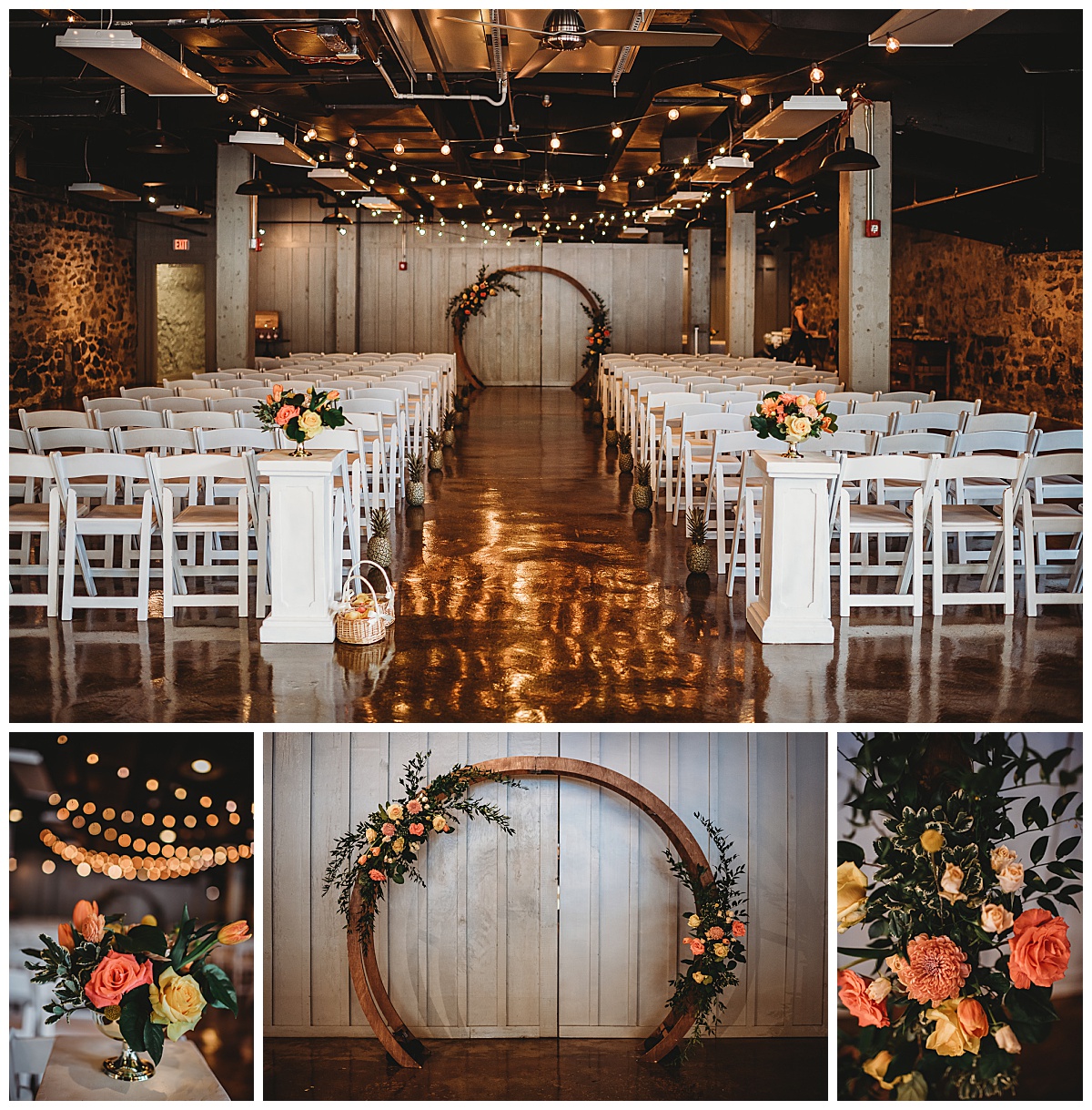 Wedding ceremony decor that's colorful and industrial for a summer wedding at Mainstreet Ballroom captured by Brittany Dunbar Photography, an Ellicott City Wedding Photographer.