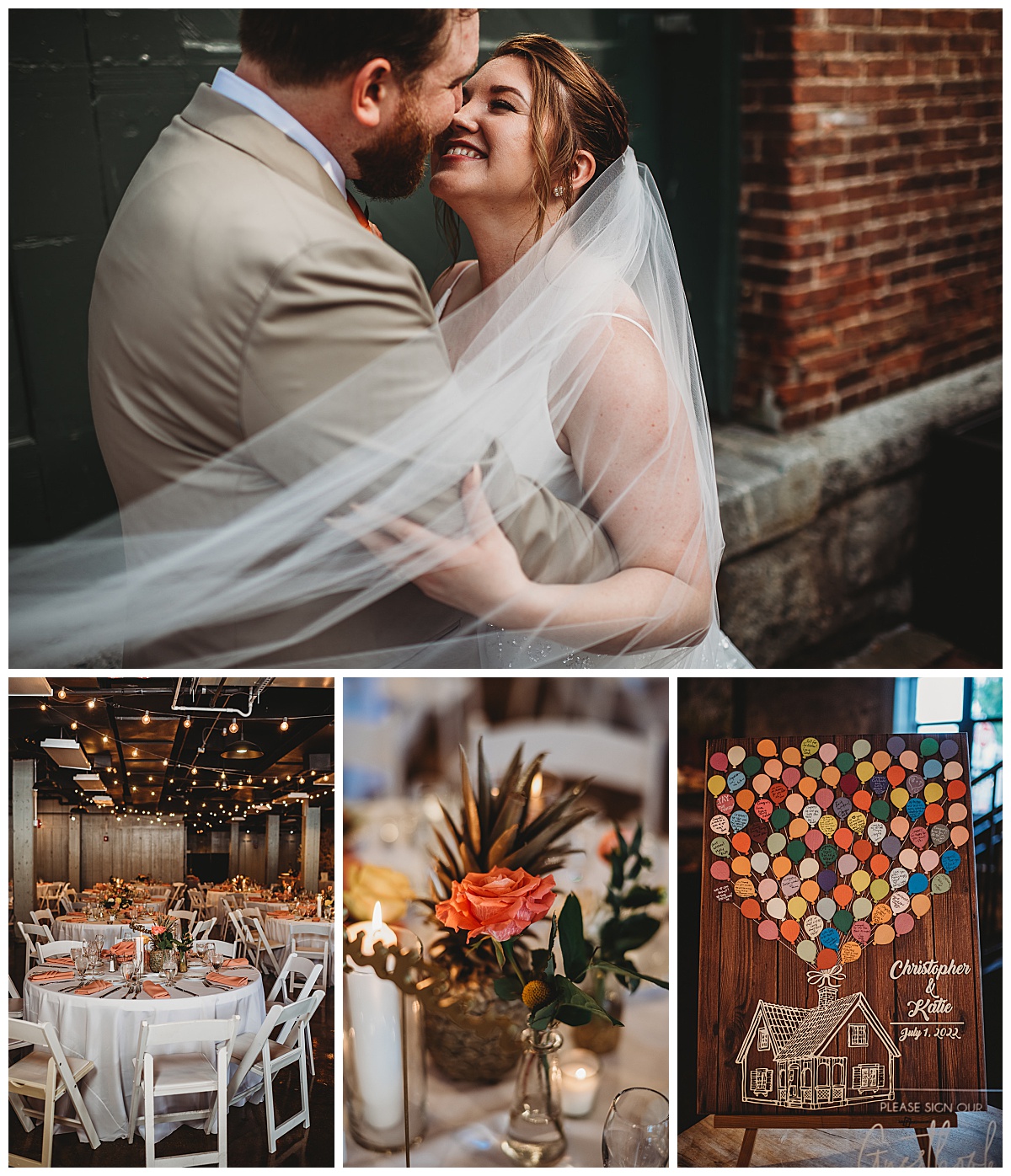 Colorful wedding reception decorations for a summer wedding at Mainstreet Ballroom captured by Brittany Dunbar Photography, an Ellicott City Wedding Photographer.