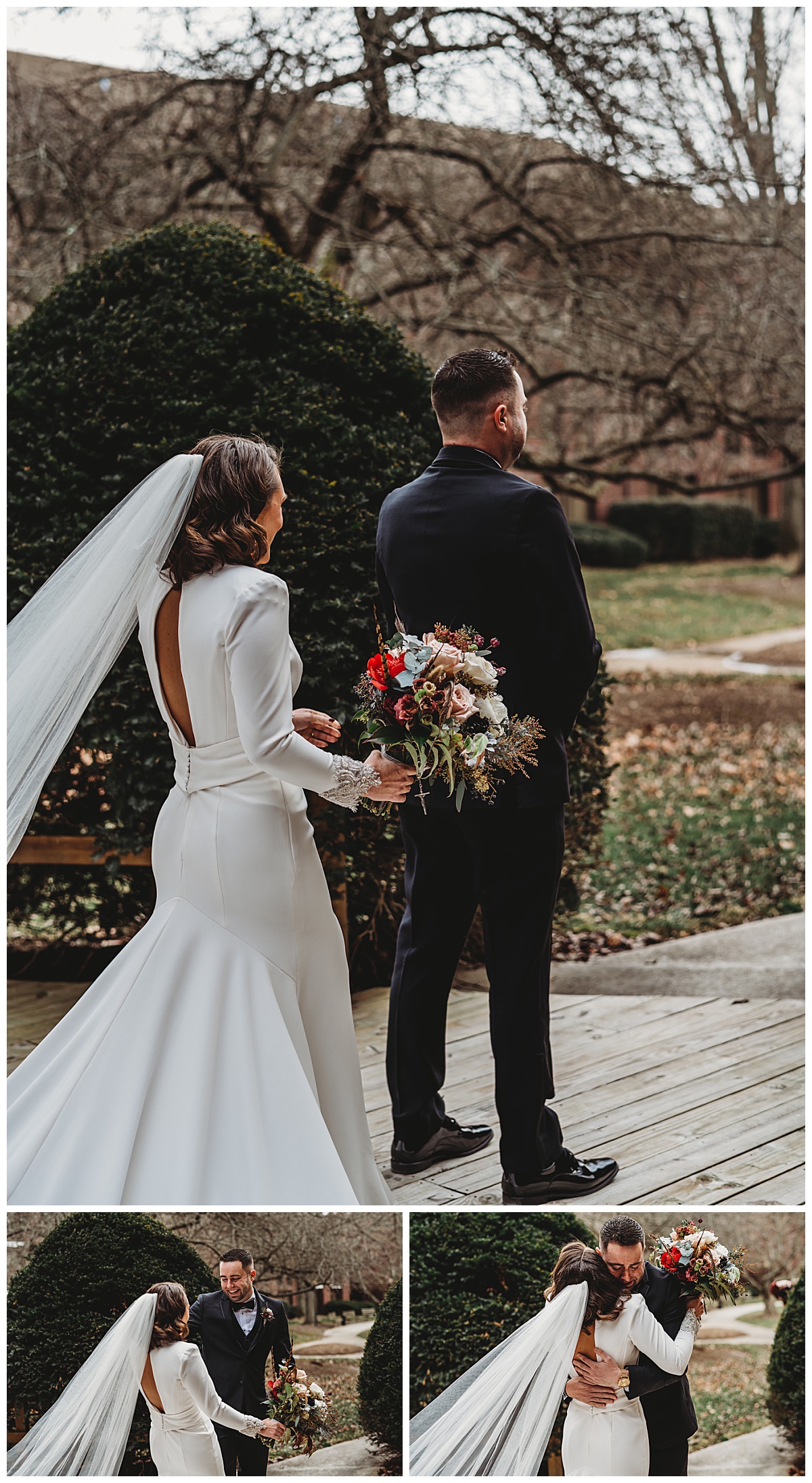 Bride and groom first look pictures for a moody winter wedding in Baltimore by Brittany Dunbar Photography, a Baltimore Wedding Photographer.