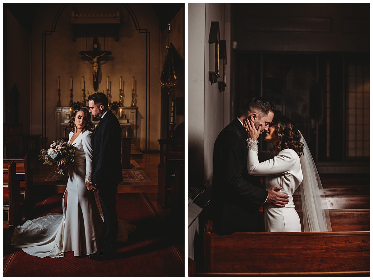Bride and groom photos inside church for a moody winter wedding in Baltimore by Brittany Dunbar Photography, a Baltimore Wedding Photographer.