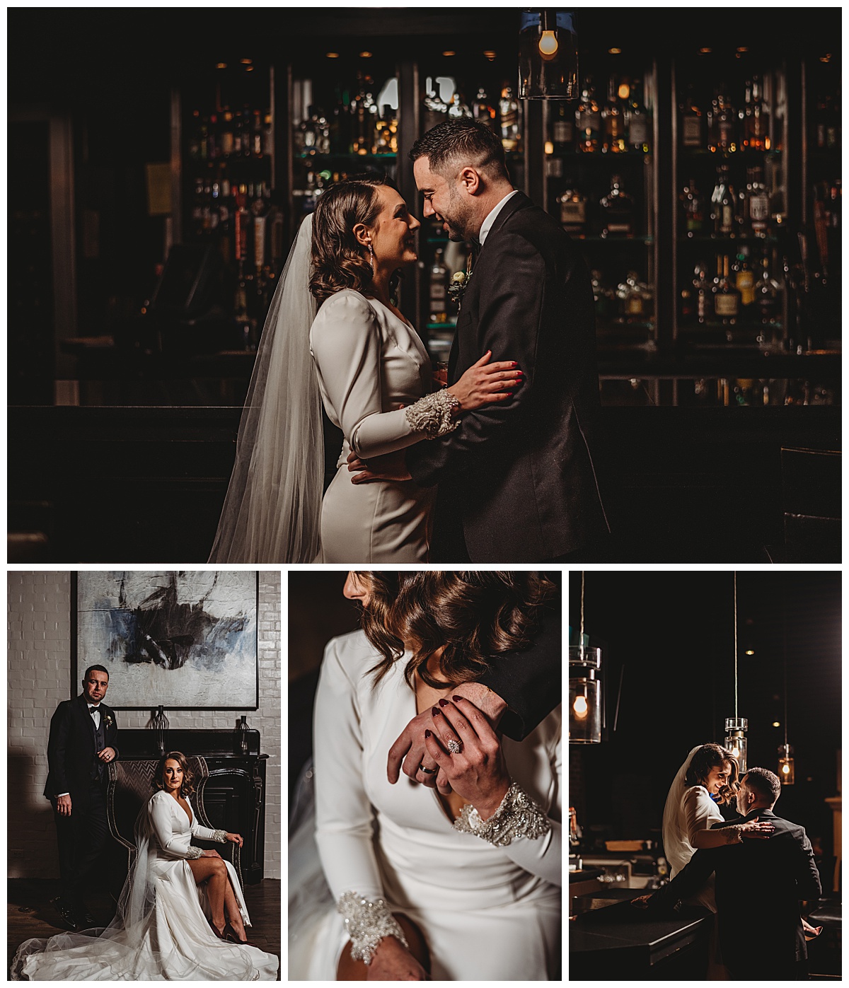 Bride and groom portraits in a vintage bar for a moody winter wedding in Baltimore by Brittany Dunbar Photography, a Baltimore Wedding Photographer.