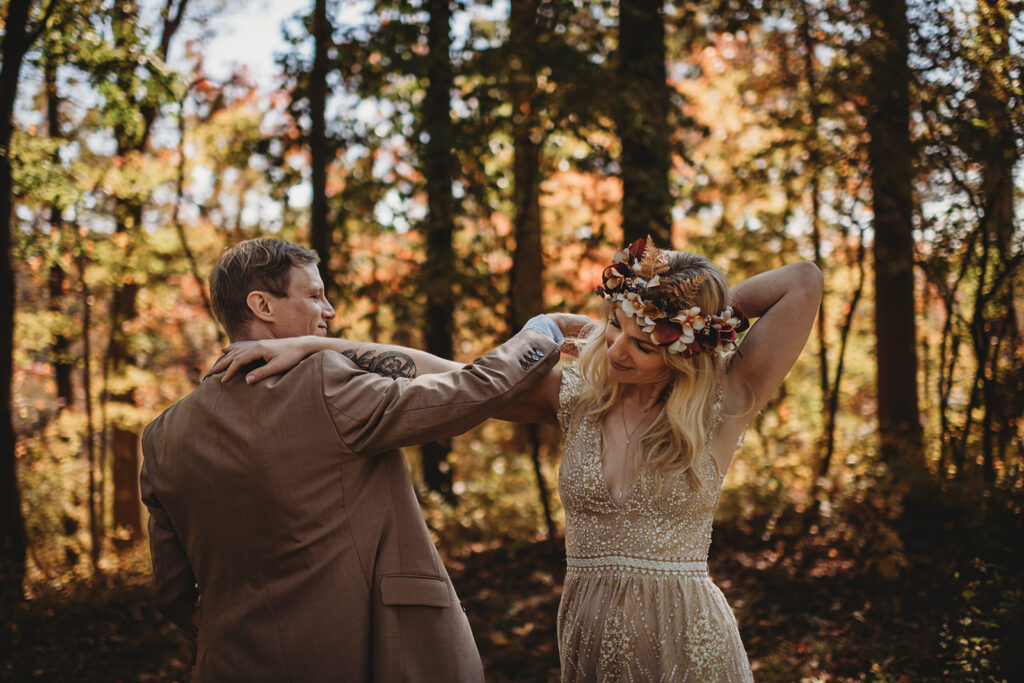 wedding first look alternative with bride adn groom dancing in the woods before their ceremony captured by Maryland wedding photographer