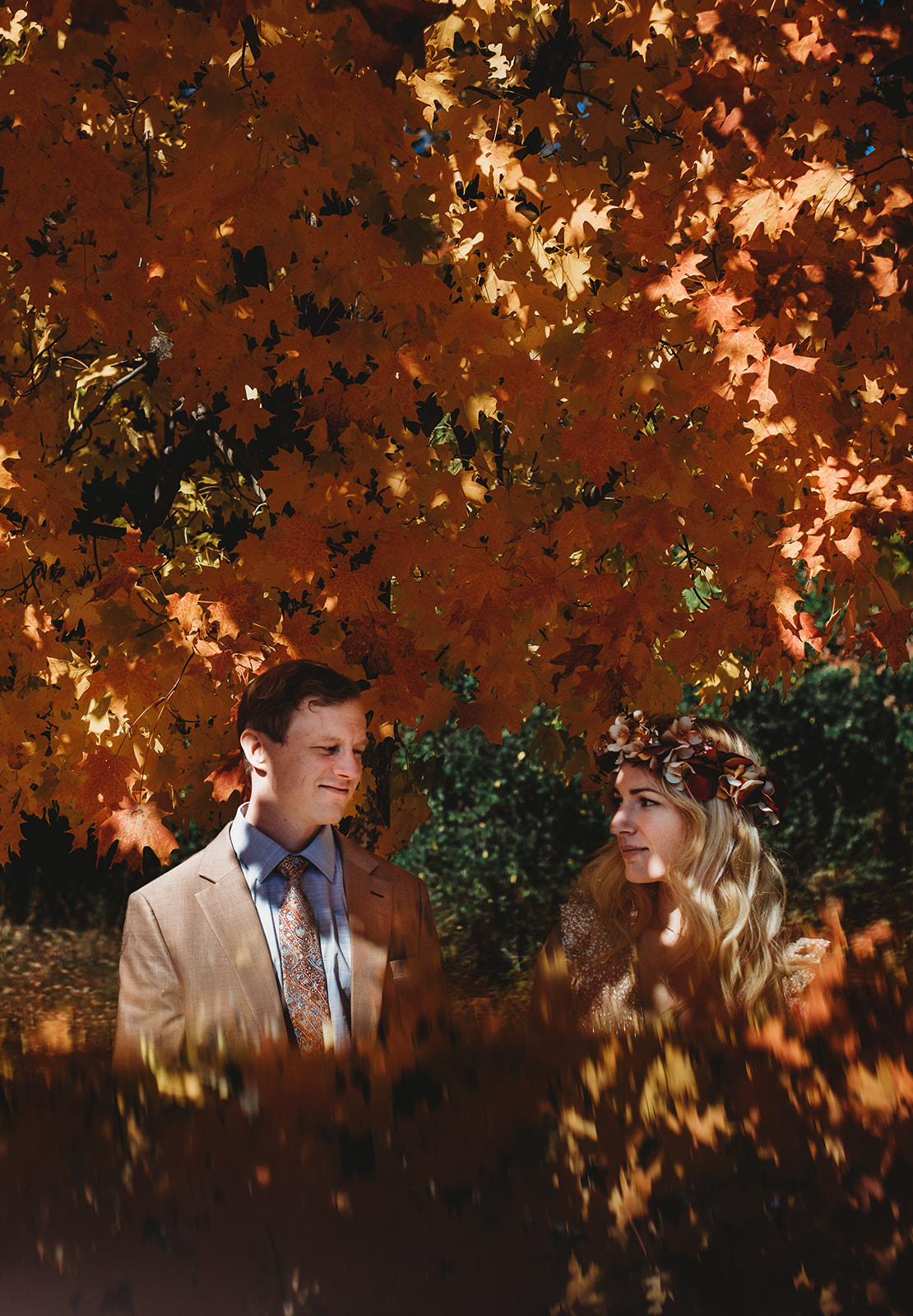 autumn wedding photography with Maryland wedding photographer as bride and groom stand under an orange colored autumn tree and look to each other