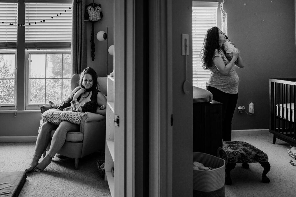 Baltimore photographers photographs in home lifestyle newborn pictures with one mother in a room with her newborn with the other mother nursing her toddler on the other side of the wall