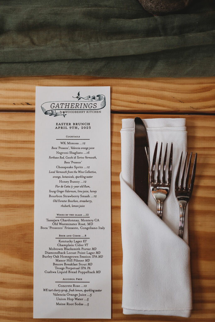 Baltimore wedding photographers capture close up of menu and utensils