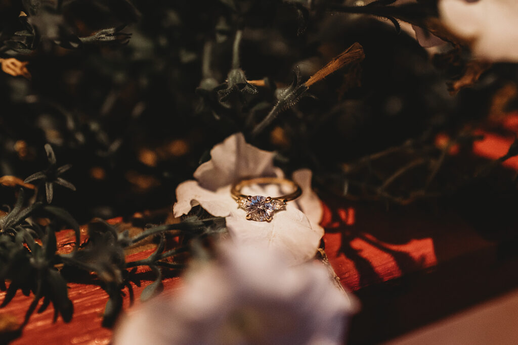 Baltimore wedding photographers capture close up of engagement ring with bouquet
