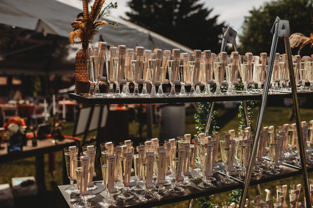 Maryland wedding photographer captures bookshelf filled with glasses for wedding guests