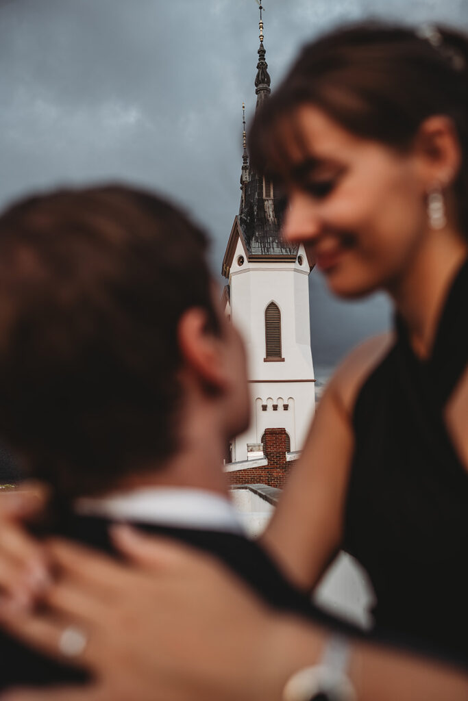 Maryland engagement photographer captures couple with beautiful church in background