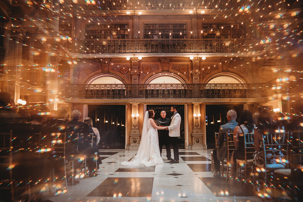 Baltimore wedding photographer captures twinkly lights during Baltimore Library Wedding