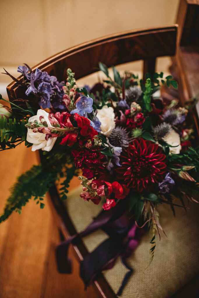Baltimore wedding photographers capture moody bridal bouquet