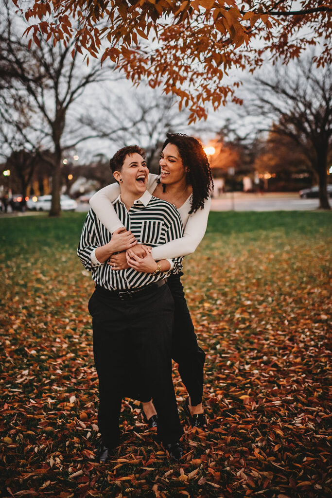 Maryland engagement photographer captures couple laughing together outdoors during fall washington dc engagement photos