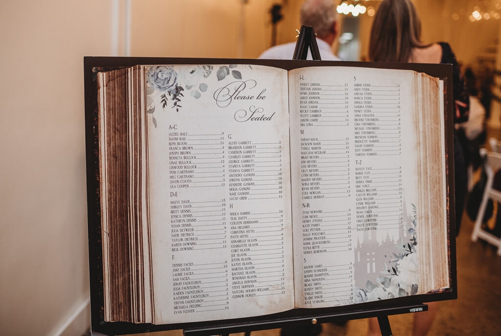 Baltimore wedding photographers capture giant book that details seating chart