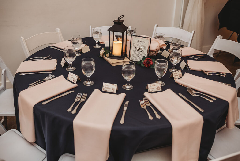 Baltimore photographer captures table decore at wedding reception in Haven Street Ballroom