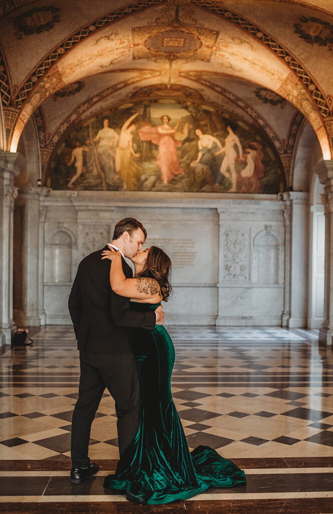Baltimore wedding photographer captures bride and groom kissing in Library of Congress