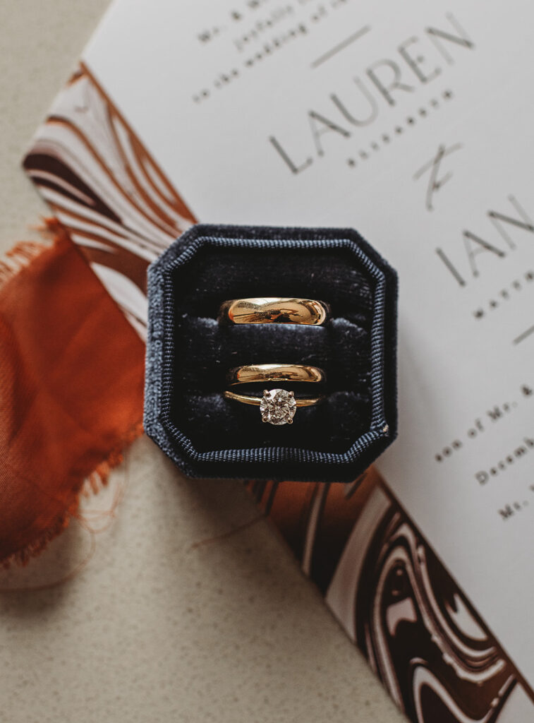 Baltimore wedding photographer captures wedding rings in blue ring box