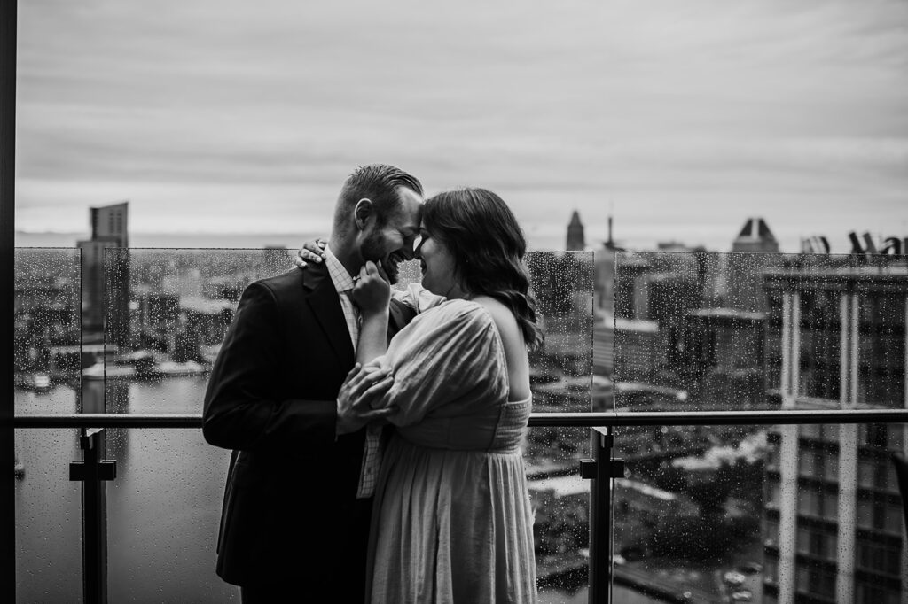 Baltimore Wedding Photographer captures couple hugging in black and white portrait