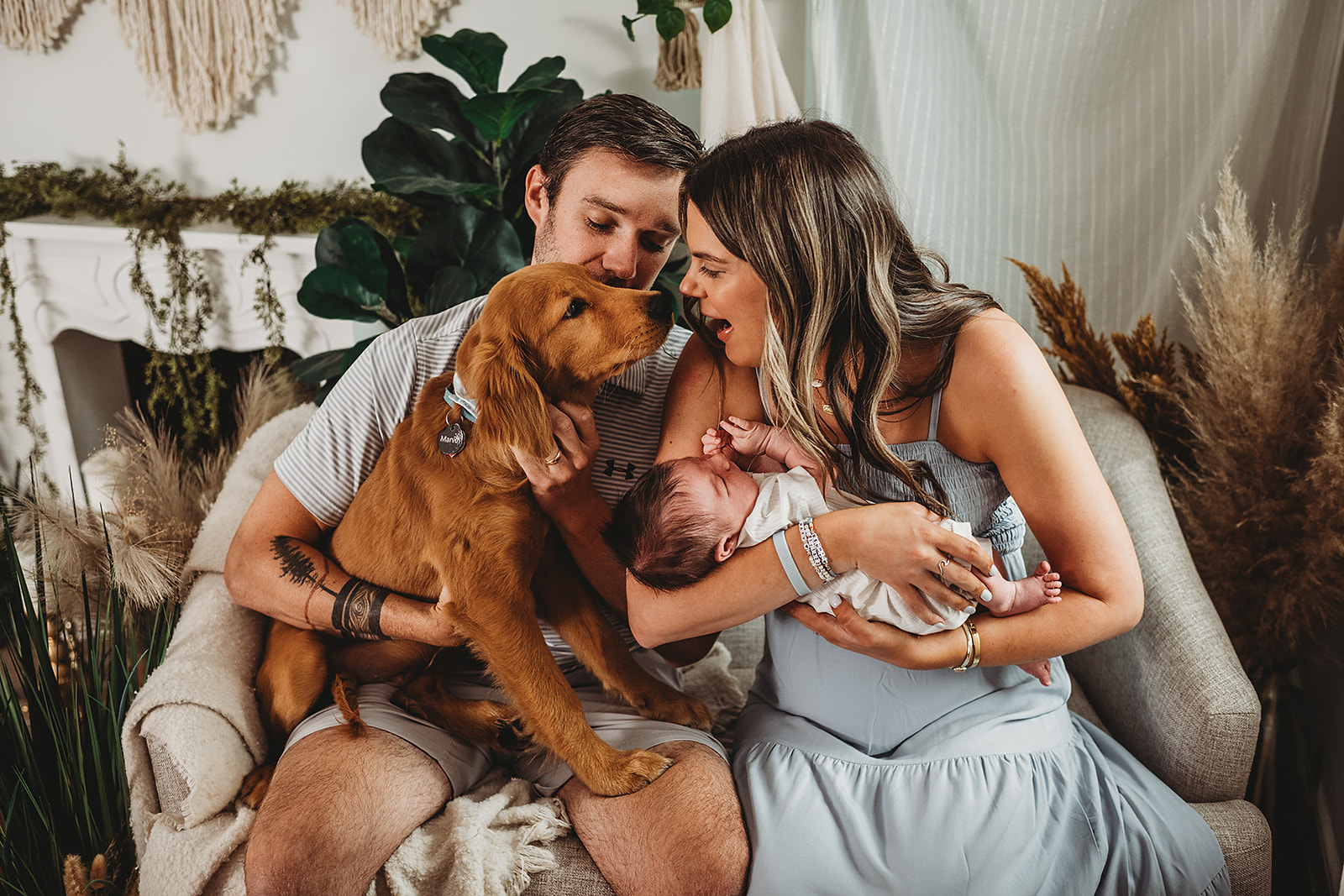 A joyful family moment featuring a couple lovingly cradling their newborn and golden retriever puppy in a cozy, bohemian-inspired setting with lush greenery and textured decor. The connection and warmth highlight the skill of photographers in Baltimore, MD, capturing cherished milestones.